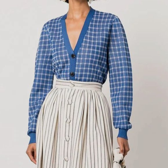 Tory Burch Sweaters - TORY BURCH Blue & White Picnic Plaid Sheer Boyfriend Cardigan